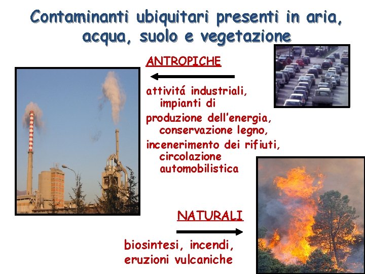 Contaminanti ubiquitari presenti in aria, acqua, suolo e vegetazione ANTROPICHE attivitá industriali, impianti di