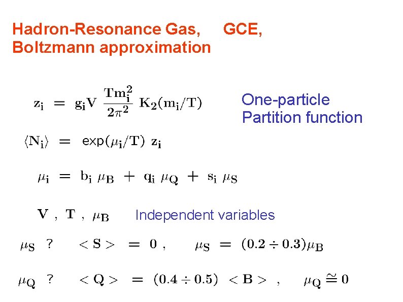 Hadron-Resonance Gas, GCE, Boltzmann approximation One-particle Partition function Independent variables 