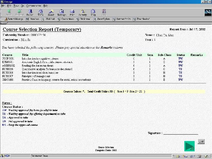 Course Selection Computer Centre 2002 20 