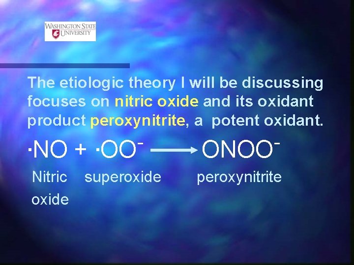The etiologic theory I will be discussing focuses on nitric oxide and its oxidant