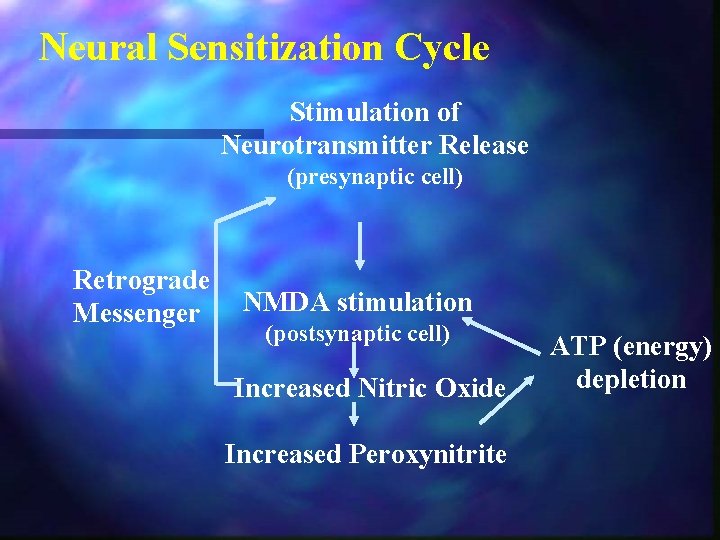 Neural Sensitization Cycle Stimulation of Neurotransmitter Release (presynaptic cell) Retrograde Messenger NMDA stimulation (postsynaptic