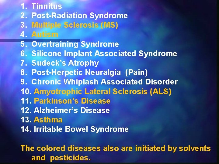 1. Tinnitus 2. Post-Radiation Syndrome 3. Multiple Sclerosis (MS) 4. Autism 5. Overtraining Syndrome