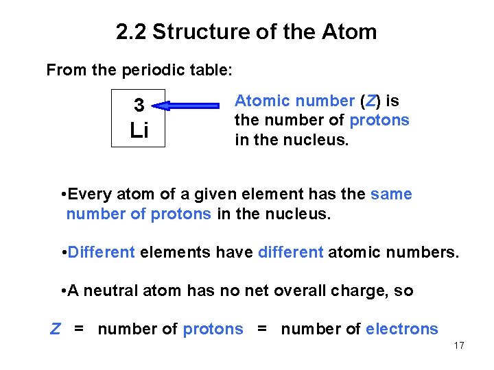 2. 2 Structure of the Atom From the periodic table: 3 Li Atomic number