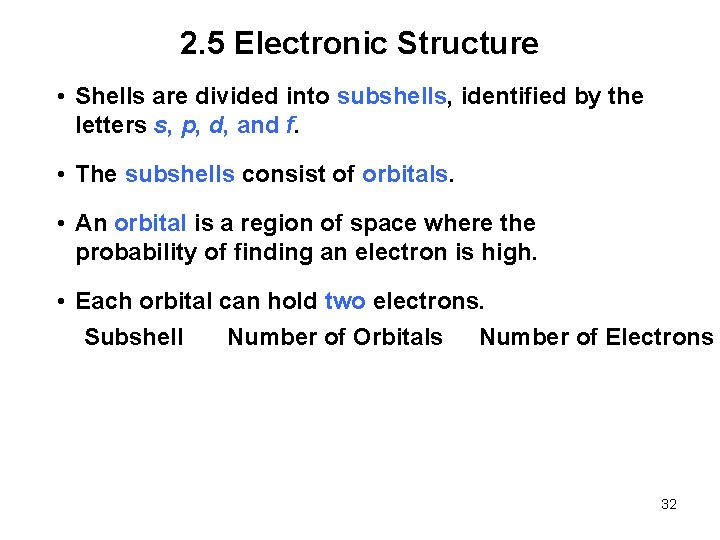 2. 5 Electronic Structure • Shells are divided into subshells, identified by the letters
