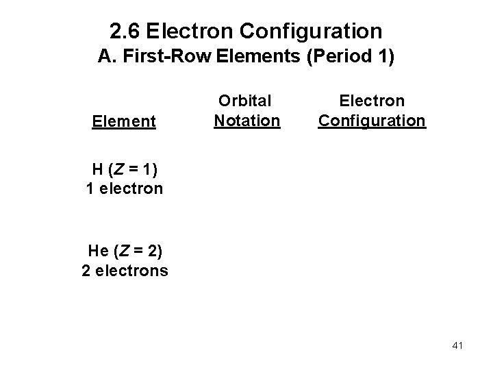 2. 6 Electron Configuration A. First-Row Elements (Period 1) Element Orbital Notation Electron Configuration