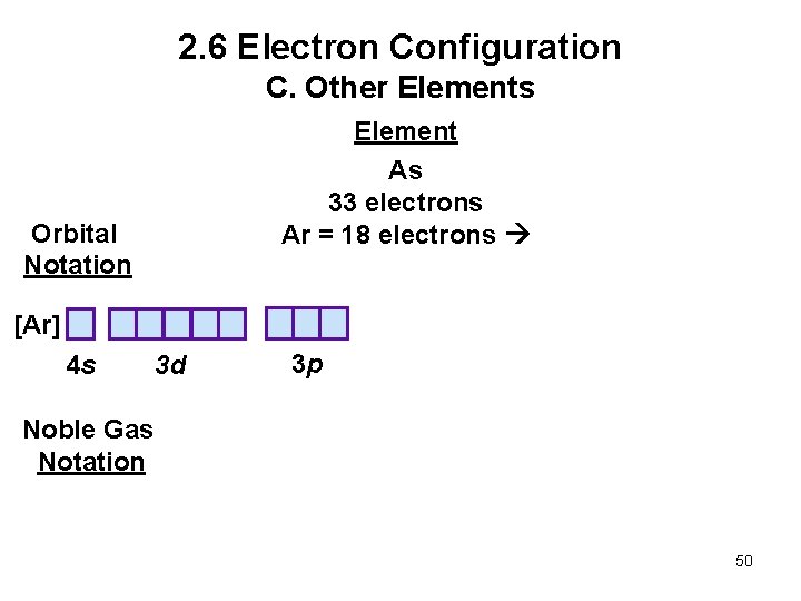 2. 6 Electron Configuration C. Other Elements Element As 33 electrons Ar = 18