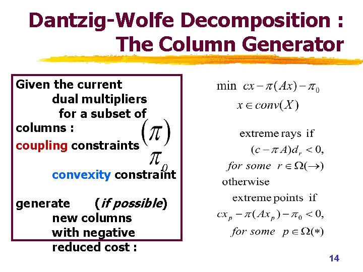 Dantzig-Wolfe Decomposition : The Column Generator Given the current dual multipliers for a subset Dantzig-Wolfe Decomposition : The Column Generator Given the current dual multipliers for a subset
