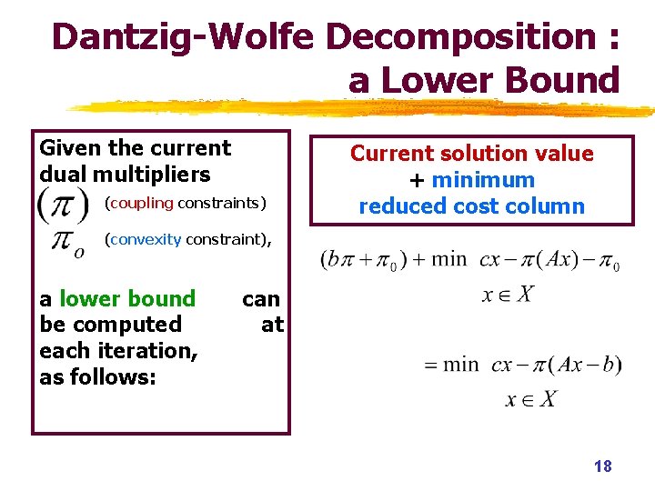 Dantzig-Wolfe Decomposition : a Lower Bound Given the current dual multipliers (coupling constraints) Current Dantzig-Wolfe Decomposition : a Lower Bound Given the current dual multipliers (coupling constraints) Current