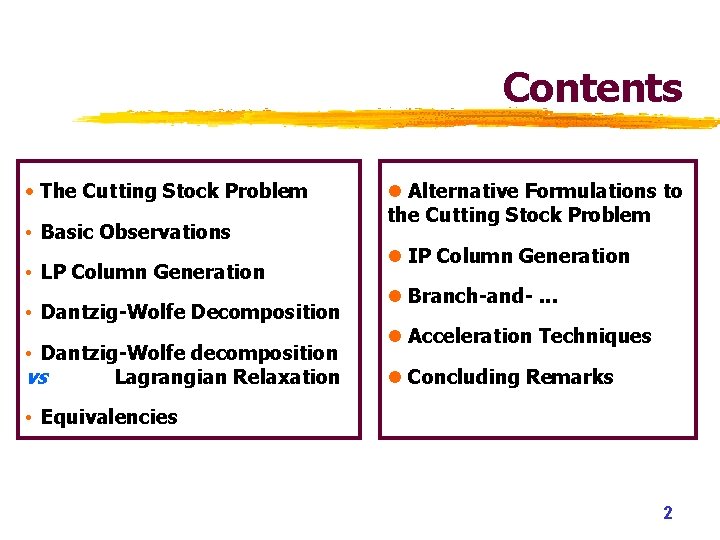 Contents • The Cutting Stock Problem • Basic Observations • LP Column Generation • Contents • The Cutting Stock Problem • Basic Observations • LP Column Generation •