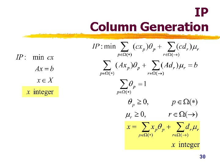 IP Column Generation 30 IP Column Generation 30