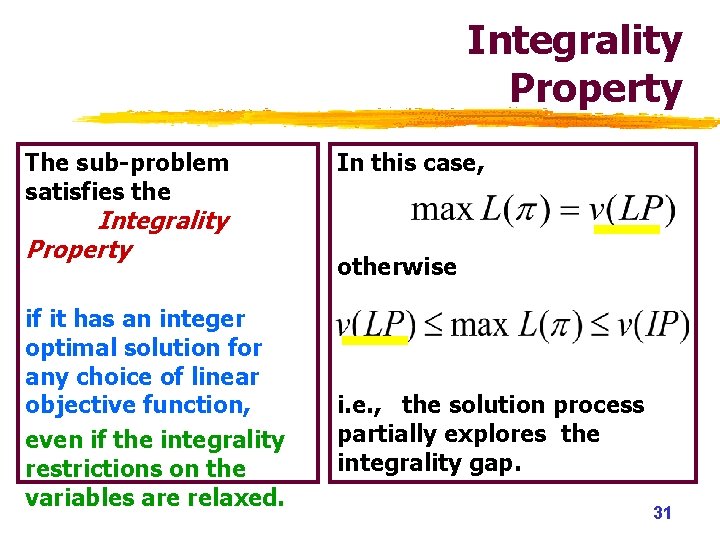 Integrality Property The sub-problem satisfies the Integrality Property if it has an integer optimal Integrality Property The sub-problem satisfies the Integrality Property if it has an integer optimal