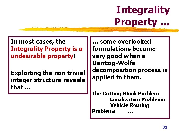 Integrality Property. . . In most cases, the Integrality Property is a undesirable property! Integrality Property. . . In most cases, the Integrality Property is a undesirable property!