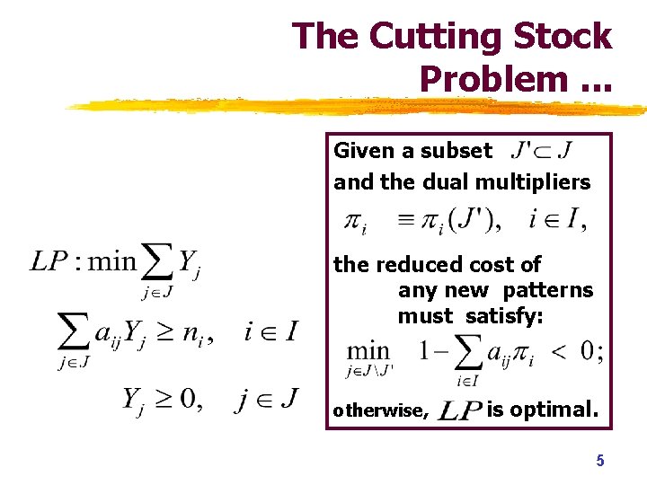 The Cutting Stock Problem. . . Given a subset and the dual multipliers the The Cutting Stock Problem. . . Given a subset and the dual multipliers the