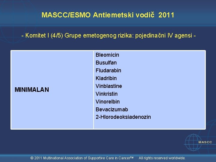 MASCC/ESMO Antiemetski vodič 2011 - Komitet I (4/5) Grupe emetogenog rizika: pojedinačni IV agensi