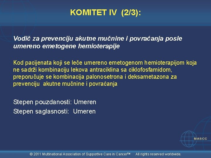KOMITET IV (2/3): Vodič za prevenciju akutne mučnine i povraćanja posle umereno emetogene hemioterapije