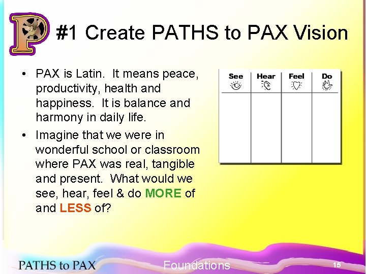 #1 Create PATHS to PAX Vision • PAX is Latin. It means peace, productivity,