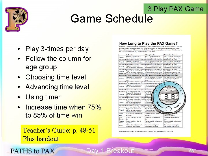 3 Play PAX Game Schedule • Play 3 -times per day • Follow the