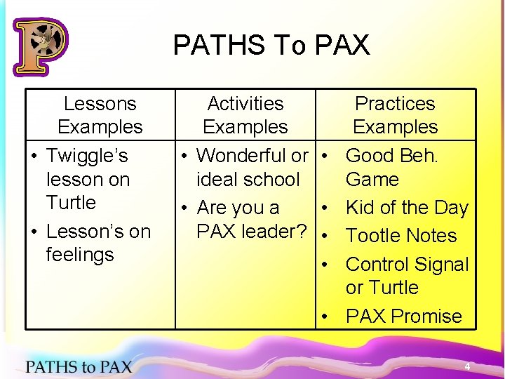 PATHS To PAX Lessons Examples • Twiggle’s lesson on Turtle • Lesson’s on feelings