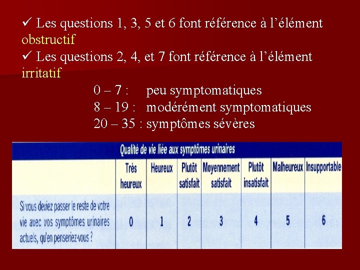 ü Les questions 1, 3, 5 et 6 font référence à l’élément obstructif ü