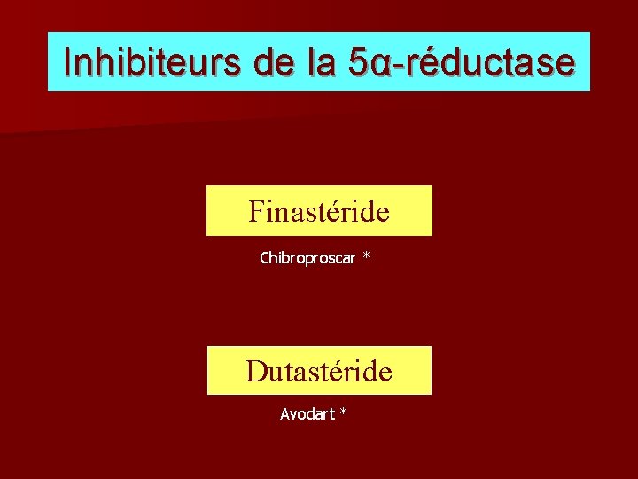 Inhibiteurs de la 5α-réductase Finastéride Chibroproscar * Dutastéride Avodart * 