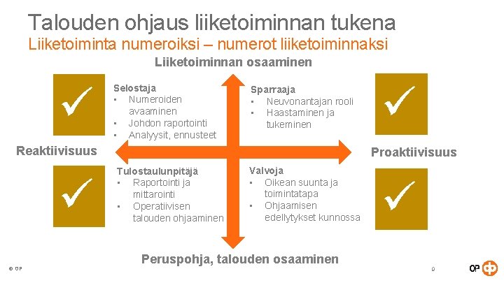 Talouden ohjaus liiketoiminnan tukena Liiketoiminta numeroiksi – numerot liiketoiminnaksi Liiketoiminnan osaaminen ü Selostaja •