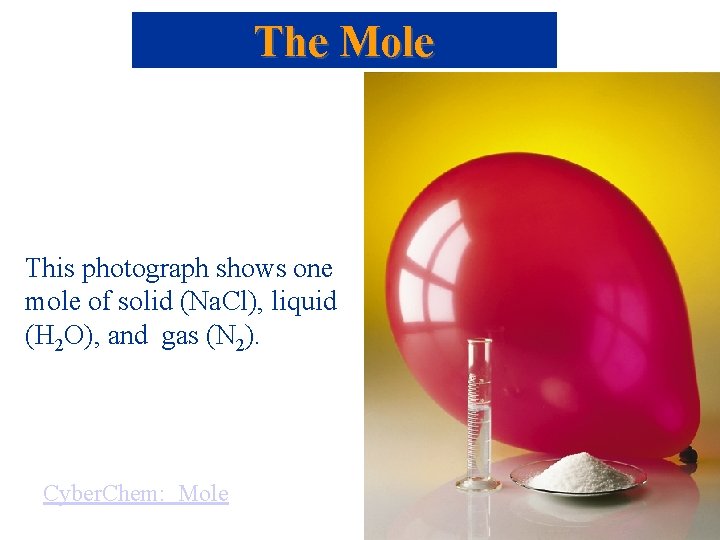 The Mole This photograph shows one mole of solid (Na. Cl), liquid (H 2