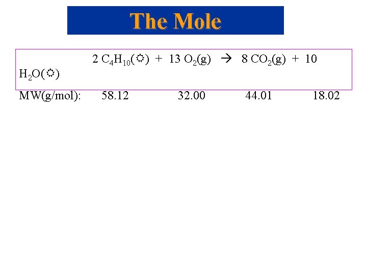 The Mole H 2 O( ) MW(g/mol): 2 C 4 H 10( ) +
