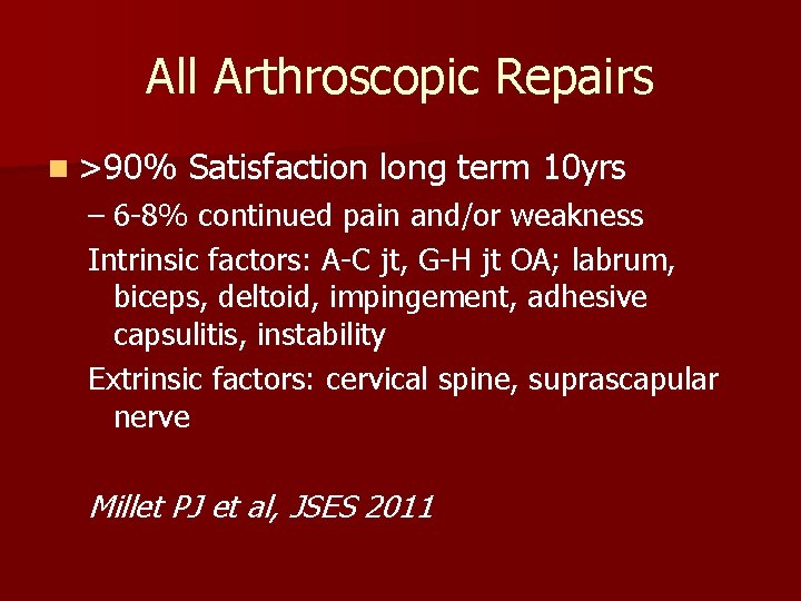 All Arthroscopic Repairs n >90% Satisfaction long term 10 yrs – 6 -8% continued