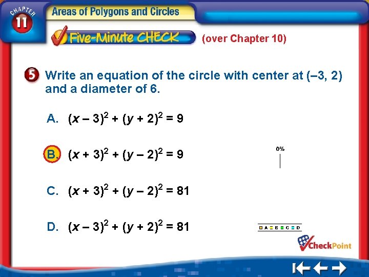 (over Chapter 10) Write an equation of the circle with center at (– 3,