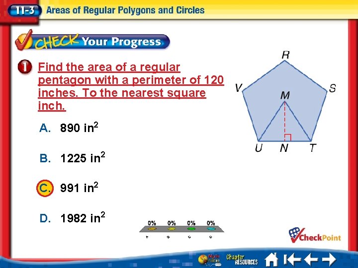 Find the area of a regular pentagon with a perimeter of 120 inches. To