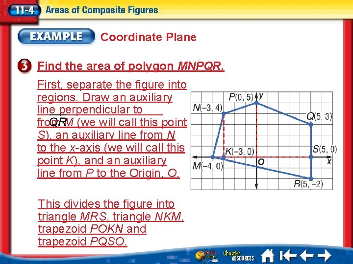 Coordinate Plane Find the area of polygon MNPQR. First, separate the figure into regions.