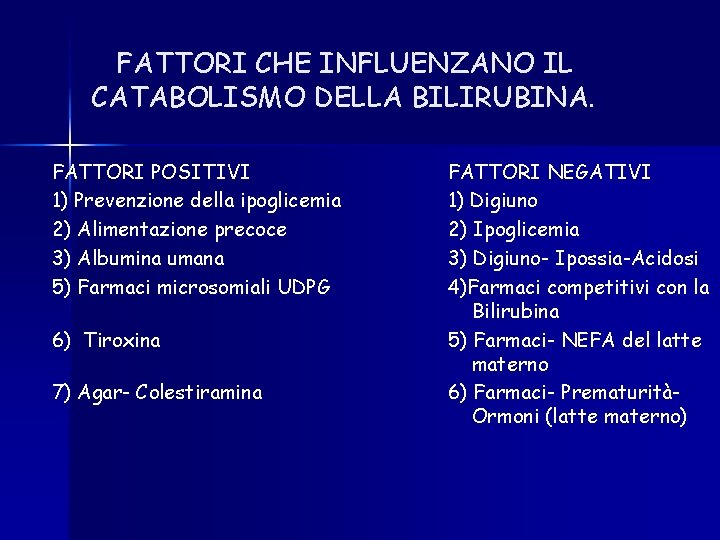 FATTORI CHE INFLUENZANO IL CATABOLISMO DELLA BILIRUBINA. FATTORI POSITIVI 1) Prevenzione della ipoglicemia 2) FATTORI CHE INFLUENZANO IL CATABOLISMO DELLA BILIRUBINA. FATTORI POSITIVI 1) Prevenzione della ipoglicemia 2)