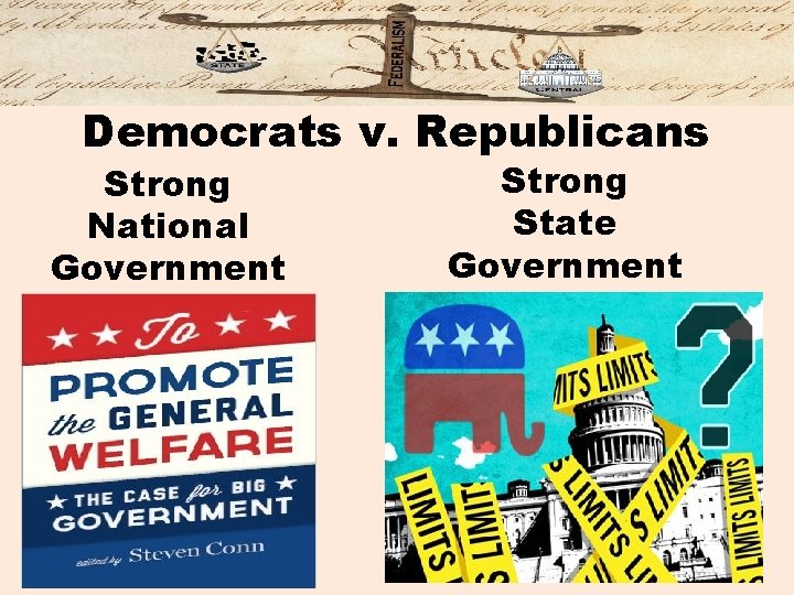 Democrats v. Republicans Strong National Government Strong State Government 