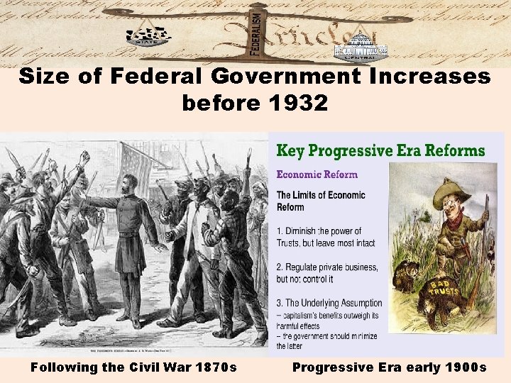 Size of Federal Government Increases before 1932 Following the Civil War 1870 s Progressive
