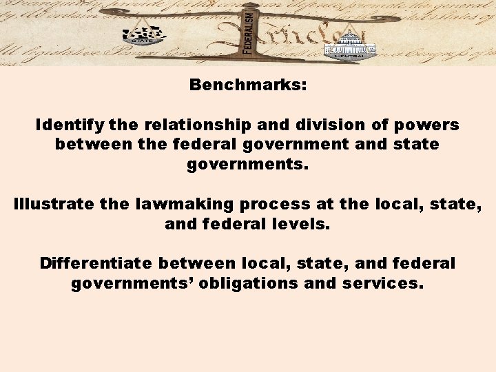 Benchmarks: Identify the relationship and division of powers between the federal government and state