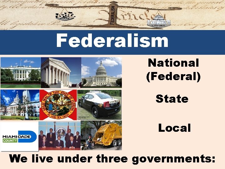 Federalism National (Federal) State Local We live under three governments: 