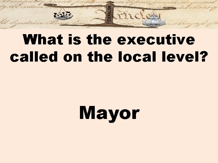 What is the executive called on the local level? Mayor 