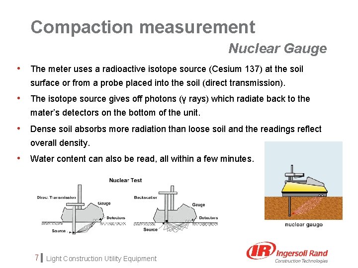 Compaction measurement Nuclear Gauge • The meter uses a radioactive isotope source (Cesium 137)