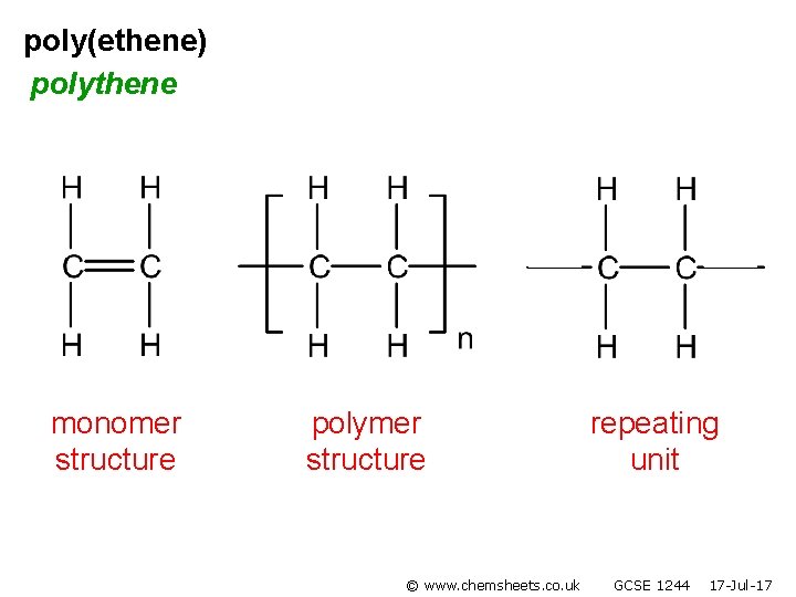 poly(ethene) polythene monomer structure polymer structure © www. chemsheets. co. uk repeating unit GCSE