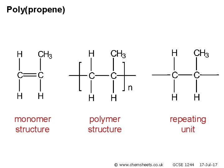 Poly(propene) monomer structure polymer structure © www. chemsheets. co. uk repeating unit GCSE 1244