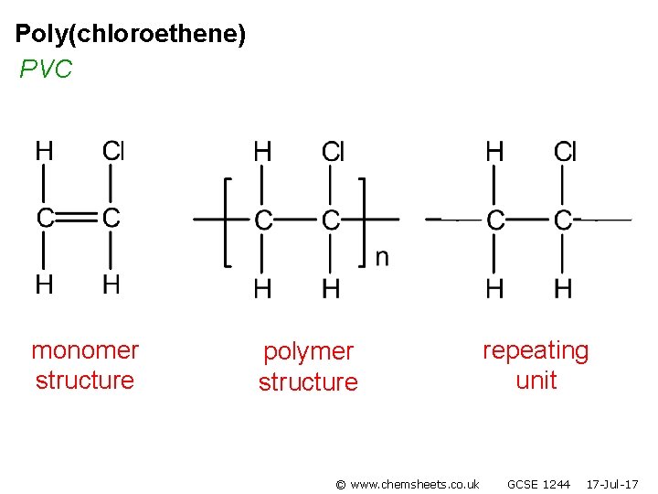 Poly(chloroethene) PVC monomer structure polymer structure © www. chemsheets. co. uk repeating unit GCSE