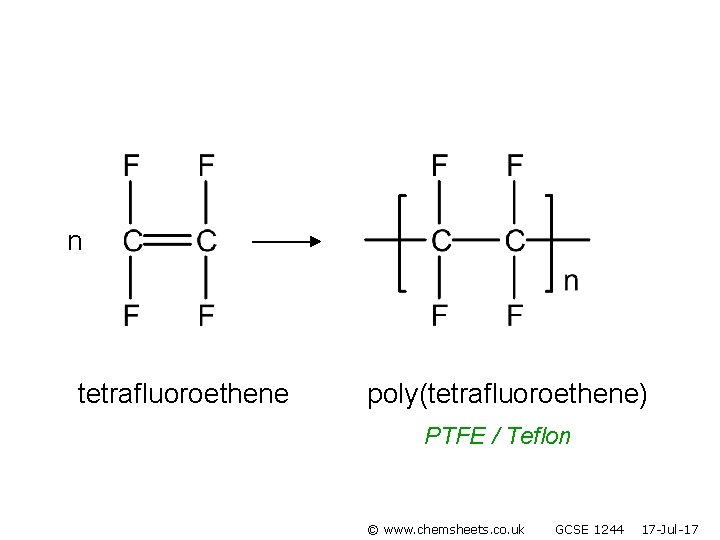 n tetrafluoroethene poly(tetrafluoroethene) PTFE / Teflon © www. chemsheets. co. uk GCSE 1244 17