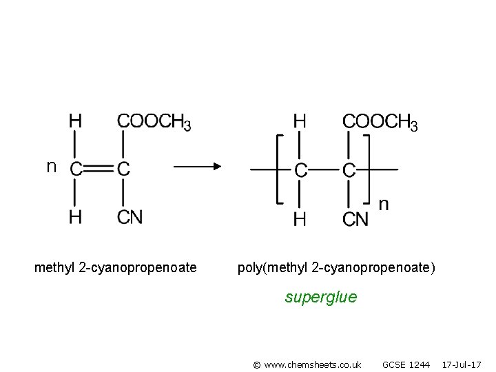 n methyl 2 -cyanopropenoate poly(methyl 2 -cyanopropenoate) superglue © www. chemsheets. co. uk GCSE
