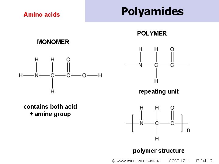 Amino acids Polyamides POLYMER MONOMER repeating unit contains both acid + amine group polymer