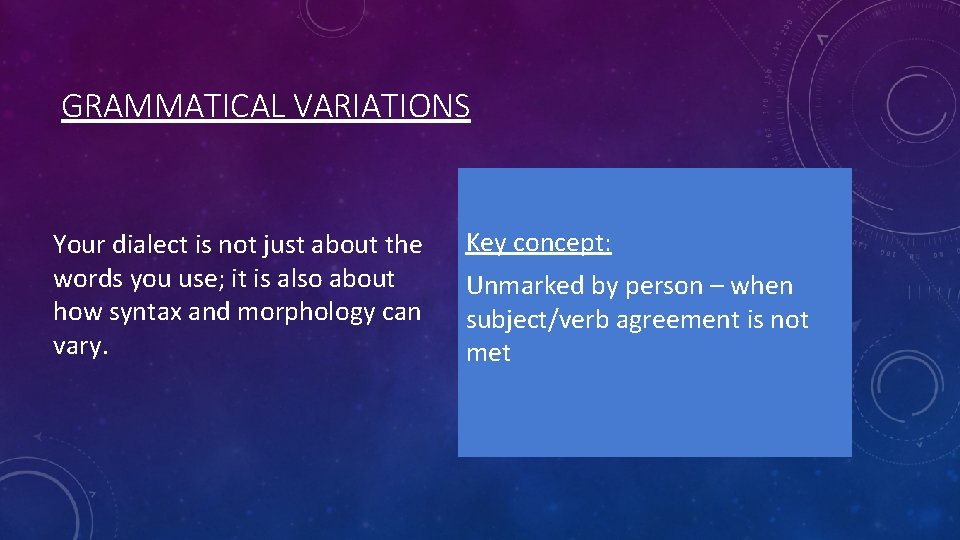 GRAMMATICAL VARIATIONS Your dialect is not just about the words you use; it is