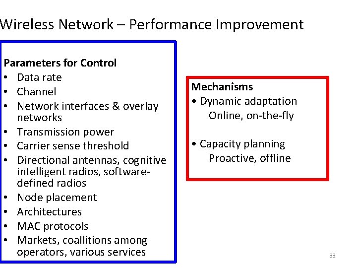 Wireless Network – Performance Improvement Parameters for Control • Data rate • Channel • Wireless Network – Performance Improvement Parameters for Control • Data rate • Channel •