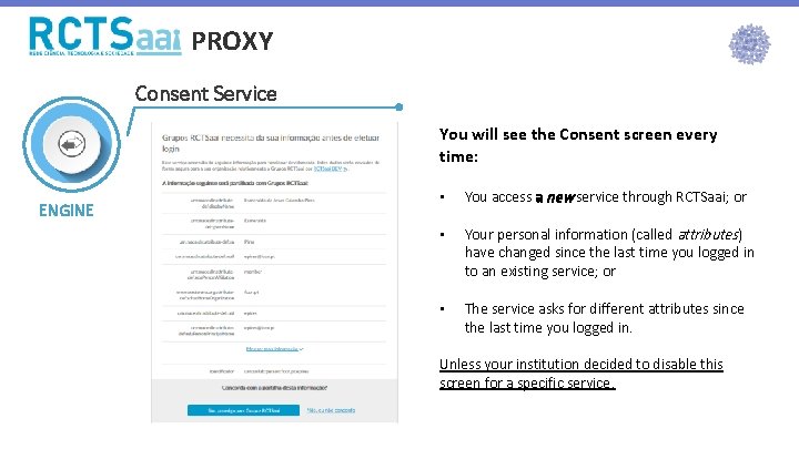 PROXY Consent Service You will see the Consent screen every time: ENGINE • You