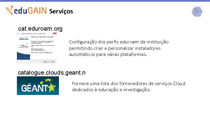 Serviços cat. eduroam. org Configuração dos perfis eduroam da instituição permitindo criar e personalizar