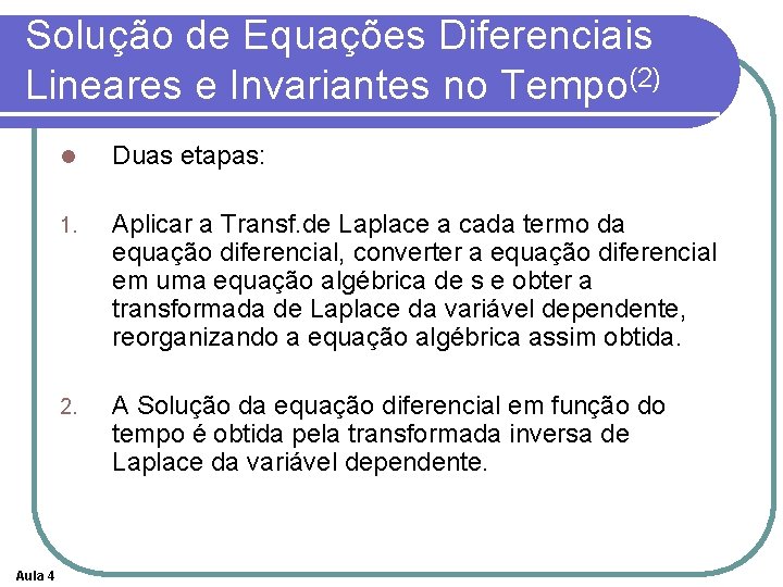 Solução de Equações Diferenciais Lineares e Invariantes no Tempo(2) Aula 4 l Duas etapas: