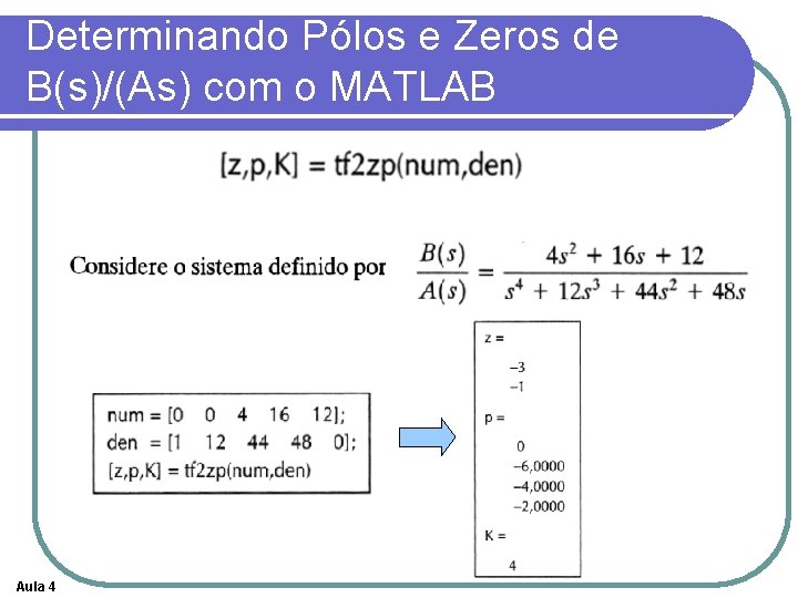 Determinando Pólos e Zeros de B(s)/(As) com o MATLAB Aula 4 